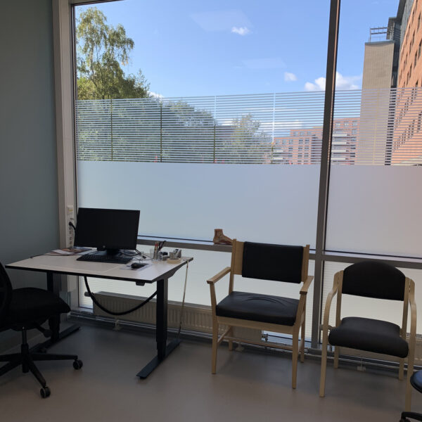 Frostet vindu fra kontor, lett solskjerming og skjermer for innsyn