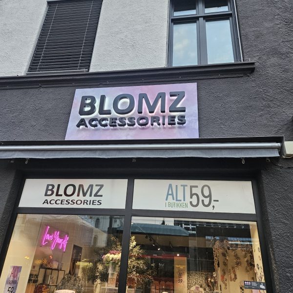 Bakbelyste fasadebokstaver for Blomz montert på printet eskelokk